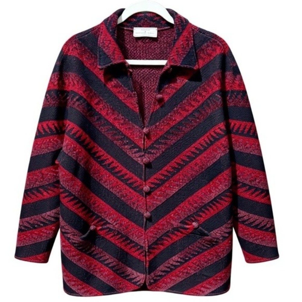 Brenda French for French Rags Red Black Chevron Knit Cardigan Sweater Size L - Picture 2 of 8